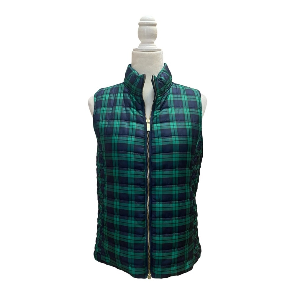 Vineyard Vines Womens Plaid Puffer Sleeveless Vest Size Small Green Blue Preppy